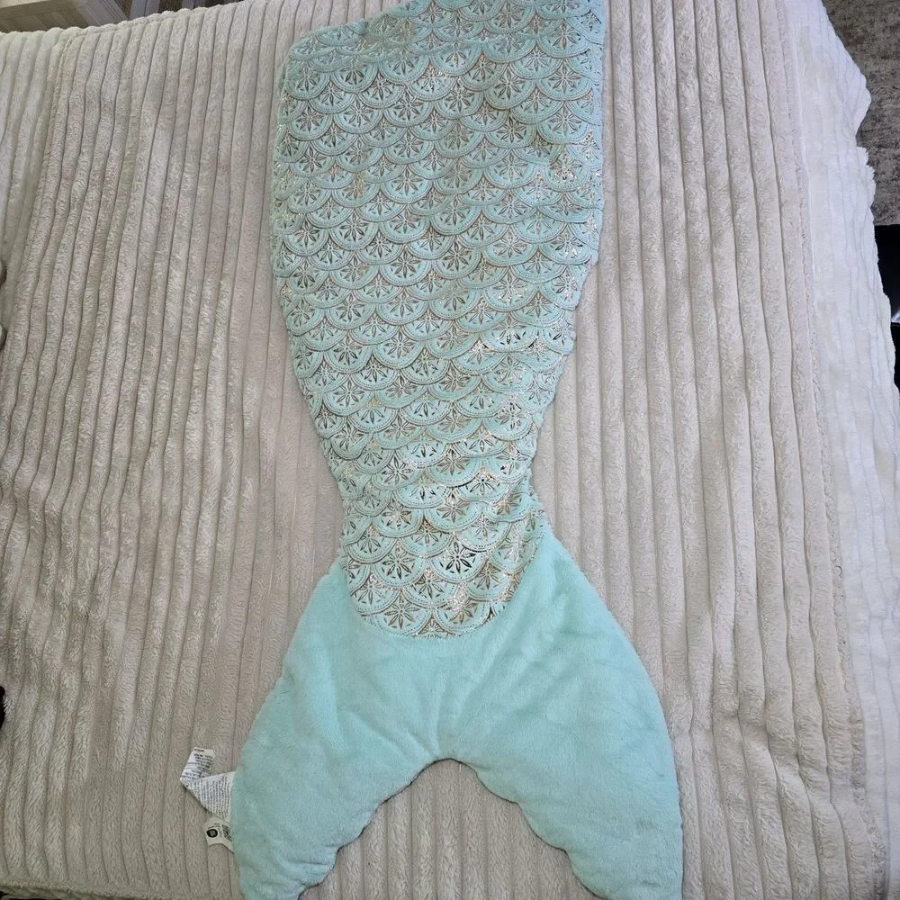 Bella Lux Plush Fleece Mermaid Tail Blanket Teal Gold Tinsel Print Super SOFT